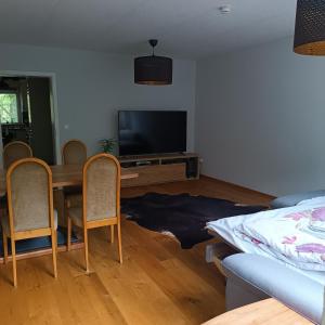a living room with a table and chairs and a television at Brilliant Home Messe in Nuremberg