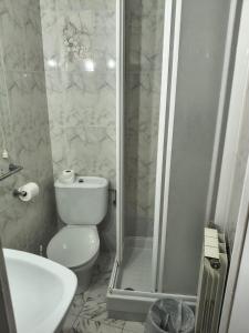 a bathroom with a shower and a toilet and a sink at Pensión Isasa in Arnedo