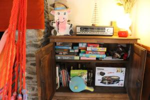 a book shelf filled with books and a radio at La maison bleue des Pyrénées in Argut-Dessous
