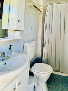 a bathroom with a white toilet and a sink at Limnes Seaside Combo in Ligaridia +19 photos
