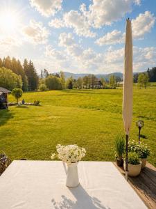 a table with a vase of flowers on top of a field at Ferienhaus am Bächle in Breitnau