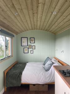 a bed in a green room with a wooden ceiling at Cosy Shepherd Huts and Cabin near Newborough, Anglesey in Gaerwen