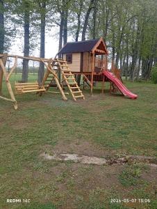 a playground with a house and a slide at Sodyba Skardupiai in Vidgiriai