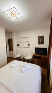 a bedroom with a bed with two chairs and a television at Casa Izvorul Muntelui in Sadova