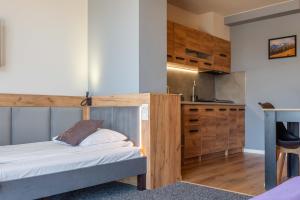 a bedroom with a bunk bed and a kitchen at Willa na Olczańskim Wierchu - apartamenty i pokoje in Bukowina Tatrzańska