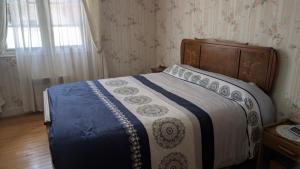 a bedroom with a bed with a blue and white blanket at Marychris in Saint-Loubès