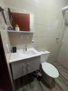 a bathroom with a white toilet and a sink at Chale verde Aconchegante com lareira no bosque e estacionamento grátis in Extrema