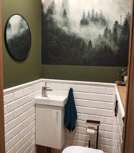 a bathroom with a toilet and a sink at Domek na wynajem Lgiń in Wschowa +15 photos