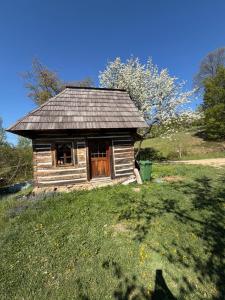 a small wooden cabin on a grassy field at La Paramon ! in Sângeorz-Băi