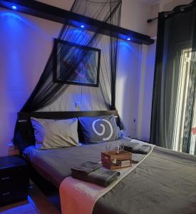 a bedroom with two beds with blue lights at Ελένη in Megalochori