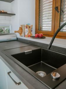 a kitchen sink with apples on a plate on a counter at Hiša Potoki in Kobarid +67 photos