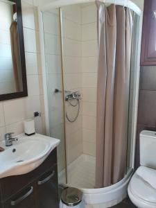 a bathroom with a shower and a sink at Guesthouse Thea in Naousa +97 photos