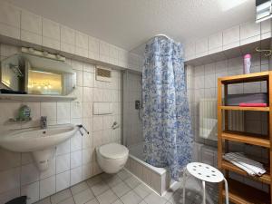 a bathroom with a sink and a toilet and a shower at Casa Calvin in Unteruhldingen +30 photos