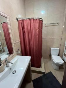 a bathroom with a red shower curtain and a toilet at Angie Apartment in Ierissos