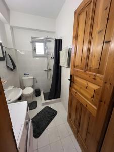 a bathroom with a toilet and a wooden door at Anastasias Studios Mykonos in Plintri