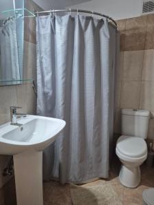 a bathroom with a sink and a toilet and a shower curtain at Nektaria on the Beach in Fournoi