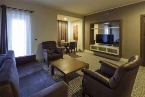 a living room with couches chairs and a television at Crixus Hotels Duhok in Duhok
