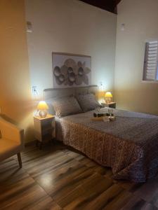 a bedroom with a bed with two lamps on it at Chale Azul Aconchegante com lareira no bosque e estacionamento grátis in Extrema