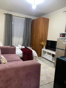 a living room with a bed and a tv at Ruaka Karington Studio in Ruaka