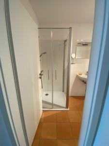 a bathroom with a shower with a glass door at Apartment am Paradiespark in Jena +113 photos