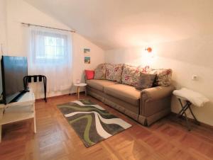 a living room with a couch and a television at Apartment Mateo 2 mit Meeresblick und Mateo 1 mit Gartenblick in Selce