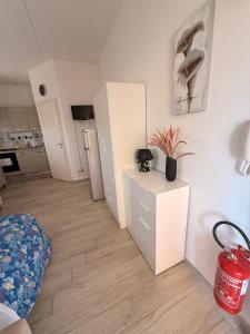 a living room with a kitchen and a room with a table at La conchiglia in Motta San Giovanni