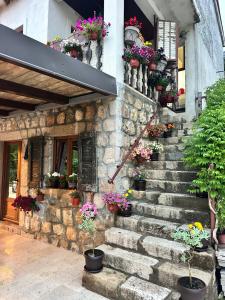 a stone building with potted plants on the stairs at Apartment Jovicevic in Rijeka Crnojevića +35 photos