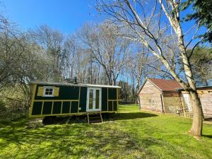 a green tiny house in a yard next to a house at The Shepherds Hut in Wallingford