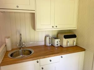 a kitchen counter with a sink and a toaster at The Shepherds Hut in Wallingford