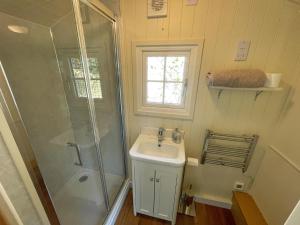 a bathroom with a sink and a shower at The Shepherds Hut in Wallingford