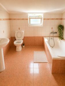 a bathroom with a toilet and a tub and a sink at Charming Apartment with Sea View in Néa Seléfkeia