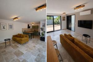 two images of a living room with a couch and a table at Le Petit Chalet in Crolles