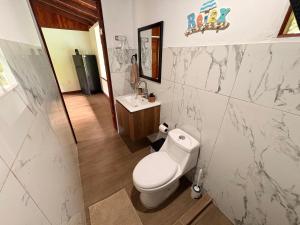 a bathroom with a toilet and a sink at Pacheco Villa in Drake +12 photos