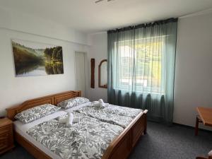 a bedroom with a large bed with a window at Wald Hotel in Kirschweiler