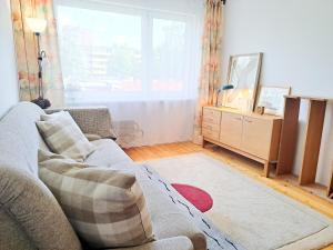 a living room with a couch and a large window at Cozy Vintage Apartment in Klaipėda