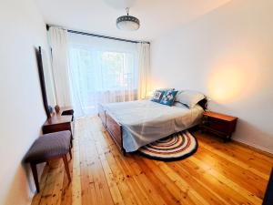 a bedroom with a bed and a large window at Cozy Vintage Apartment in Klaipėda