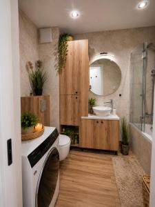 a bathroom with a toilet and a sink and a mirror at Apartament Pod Modrzewiem in Augustów +17 photos