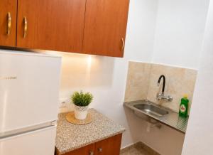 a small kitchen with a sink and a counter top at Beautiful Sea View Borsh in Borsh