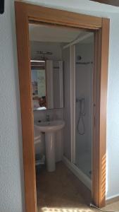 a bathroom with a sink and a mirror at Pensión Isasa in Arnedo