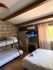 a bedroom with two beds and a tv on the wall at Hotel Clair de Lune in Zonza +33 photos