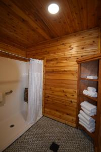 a bathroom with a tub and a shower with wooden walls at Nisqually Lodge in Ashford +35 photos