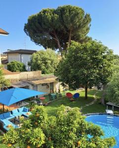 a view of a yard with a pool and trees at B&B RIO GRANDE in Massarosa