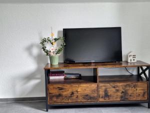 a tv on a wooden stand with a television on it at Nest and Nature Strauch in Simmerath