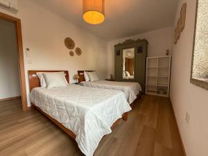 a bedroom with two beds and a mirror at House overlooking the Douro-Casa das Almas in Paços de Gaiolo