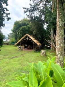a large wooden hut in a field with trees at Quinta Rancho Pingos in General Rodríguez