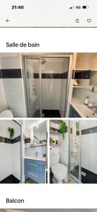 a collage of pictures of a bathroom with a sink and a toilet at Studio avec vue mer et terrasse in La Seyne-sur-Mer +24 photos
