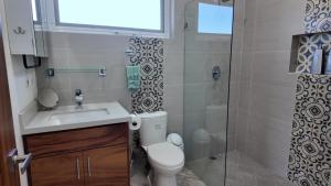 a bathroom with a toilet and a sink and a shower at Casita GEcko in Buenavista +32 photos