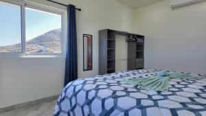 a bedroom with a blue and white bed and a window at Casita GEcko in Buenavista