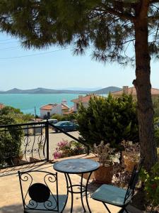 a table and two chairs and a table and a cat on a patio at Maison Edina - Cunda in Ayvalık