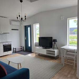 a living room with a tv and a couch at Tiny Home in a Tiny Town in Hjärup